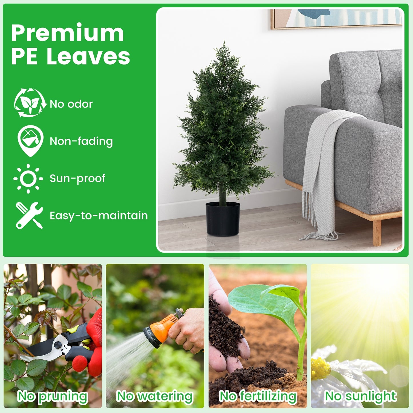 31.5" Artificial Cedar Topiary Tree with Realistic Leaves, Faux Trunk, and Cement filled Pot