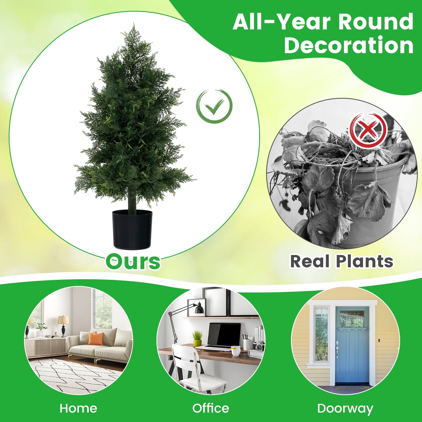 31.5" Artificial Cedar Topiary Tree with Realistic Leaves, Faux Trunk, and Cement filled Pot