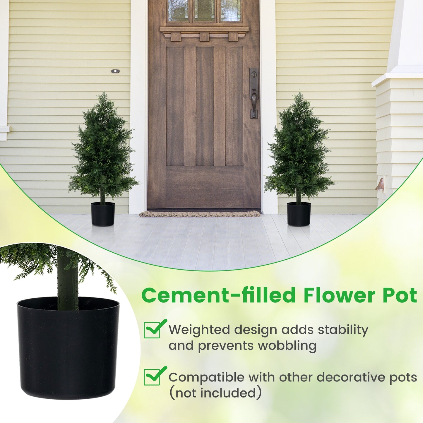 31.5" Artificial Cedar Topiary Tree with Realistic Leaves, Faux Trunk, and Cement filled Pot