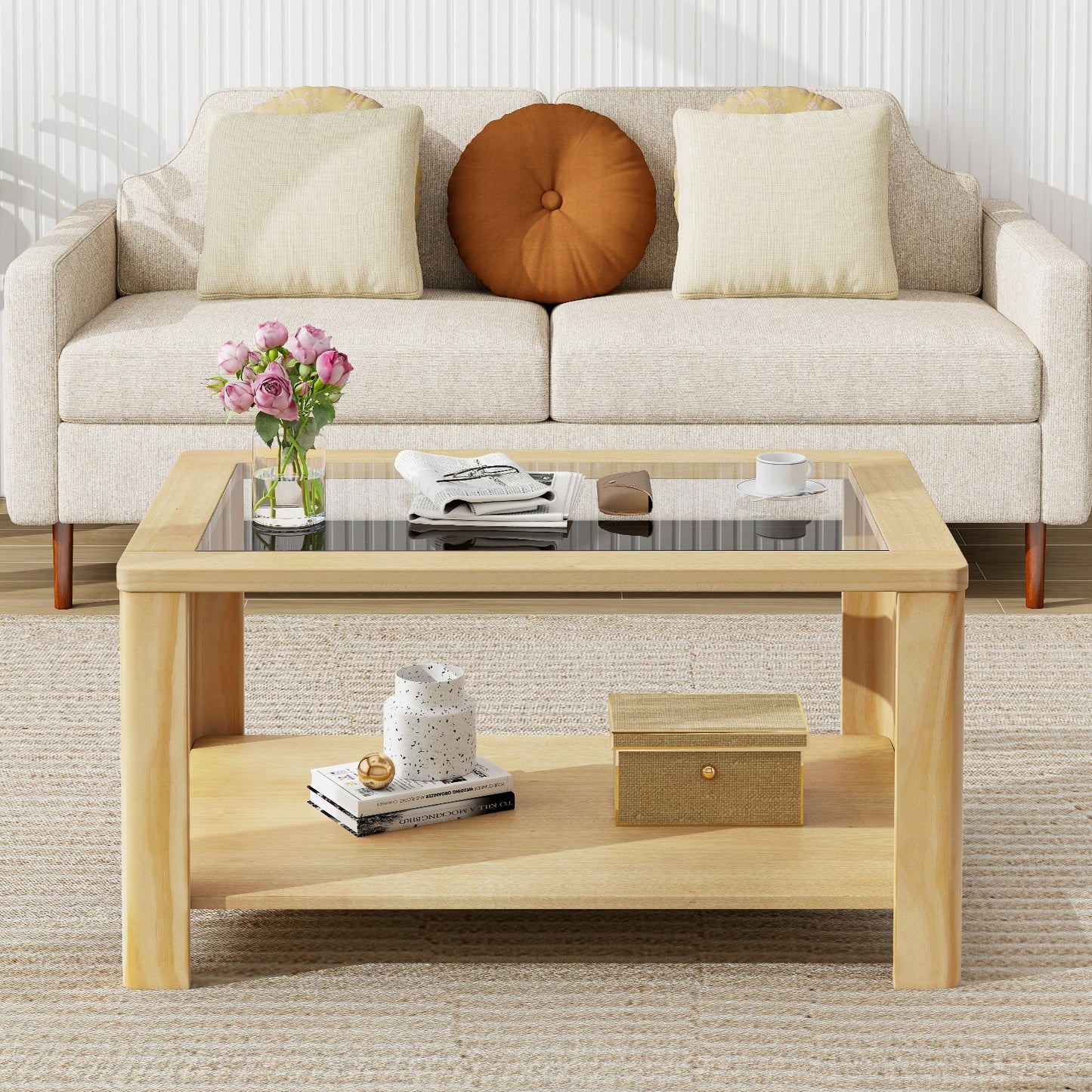 Modern 2-Tier Glass Coffee Table with Solid Wood Frame and Open Storage Shelf