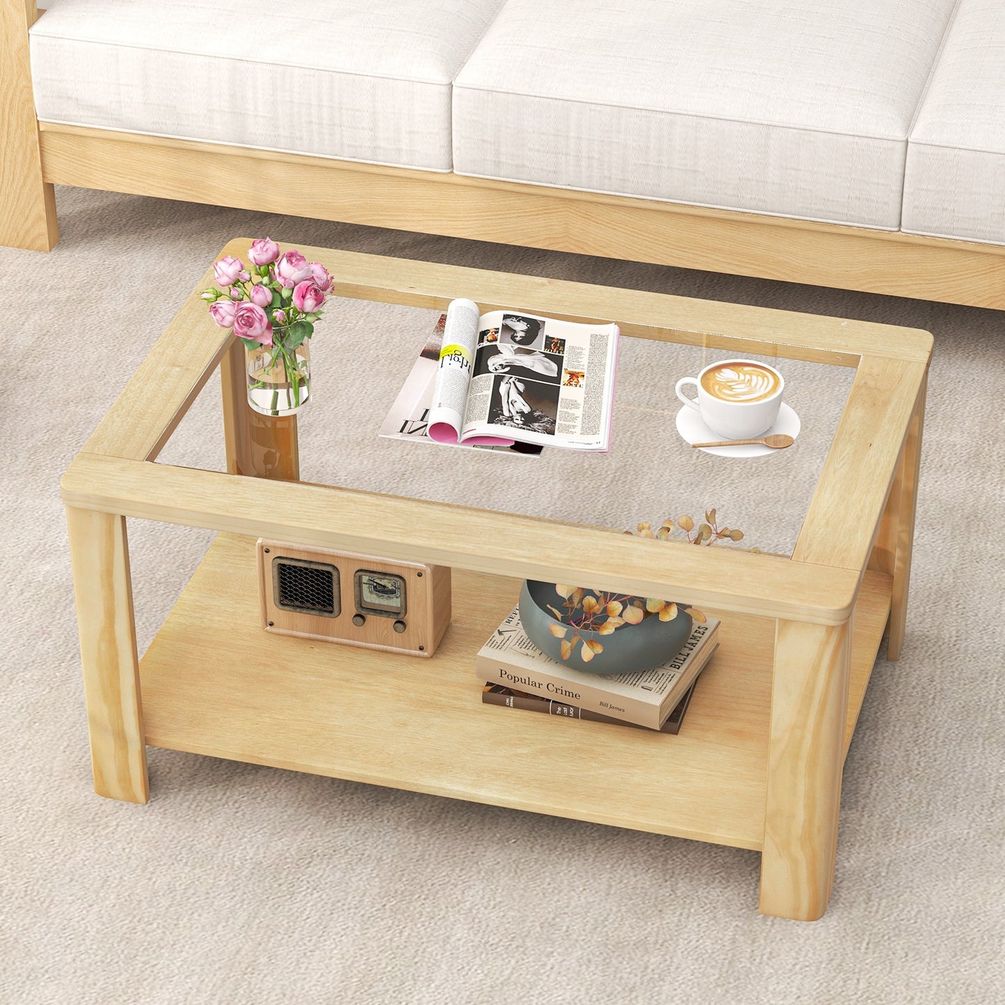 Modern 2-Tier Glass Coffee Table with Solid Wood Frame and Open Storage Shelf
