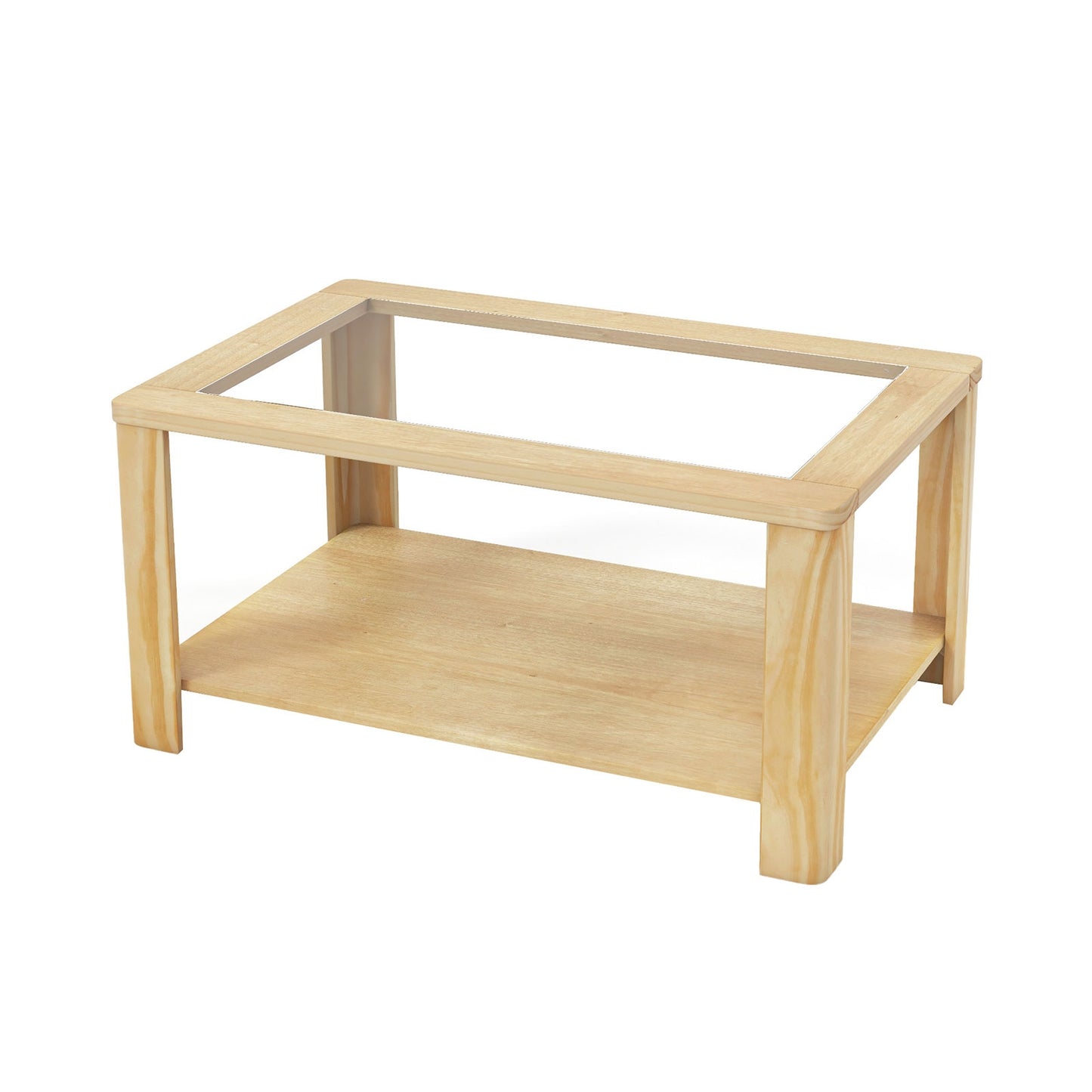 Modern 2-Tier Glass Coffee Table with Solid Wood Frame and Open Storage Shelf