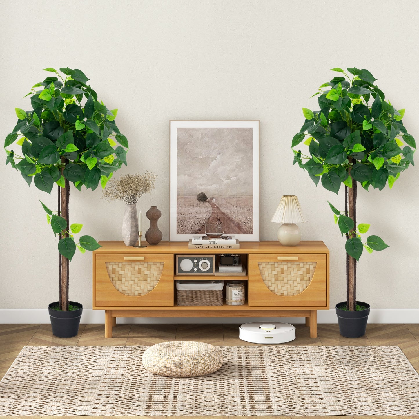 45 Inch Artificial Hydrangea Tree with Bendable Branches, Real Wood Trunk & Cement Pot