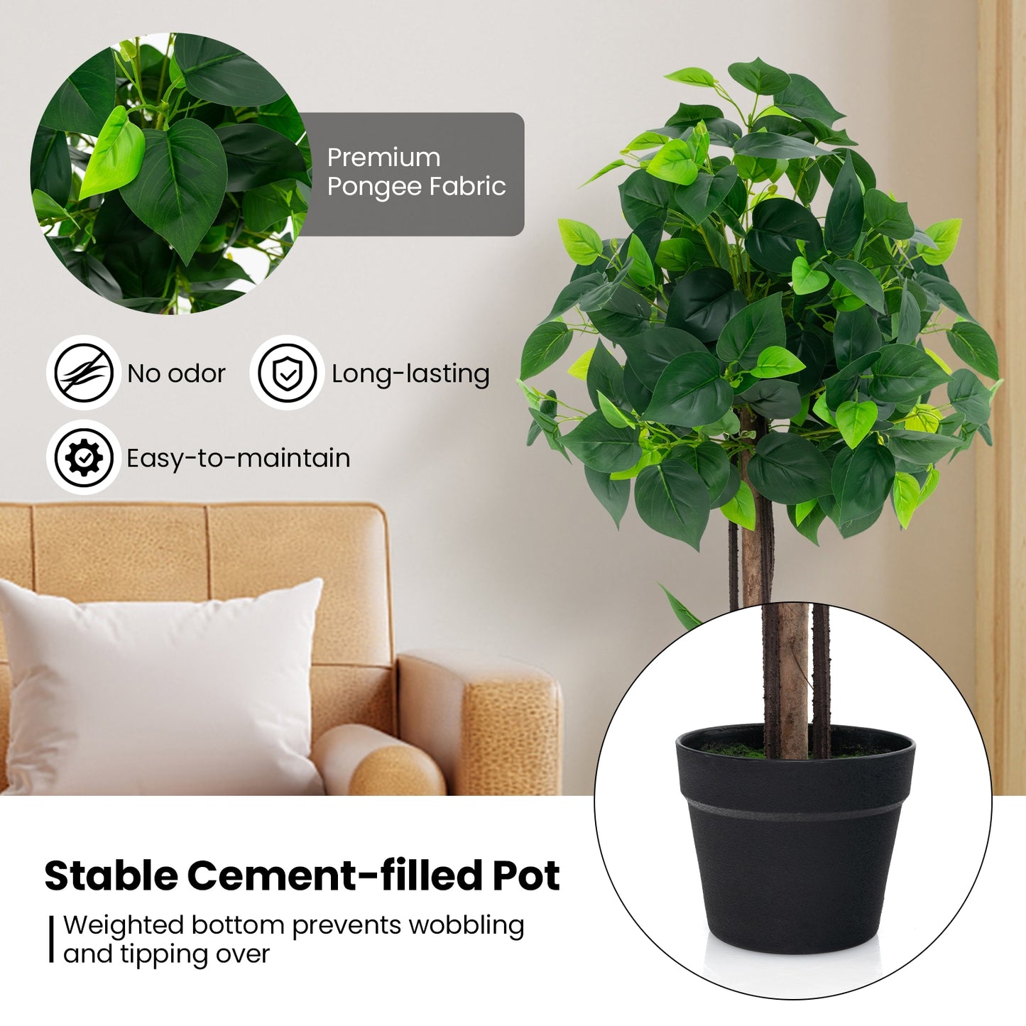 45 Inch Artificial Hydrangea Tree with Bendable Branches, Real Wood Trunk & Cement Pot