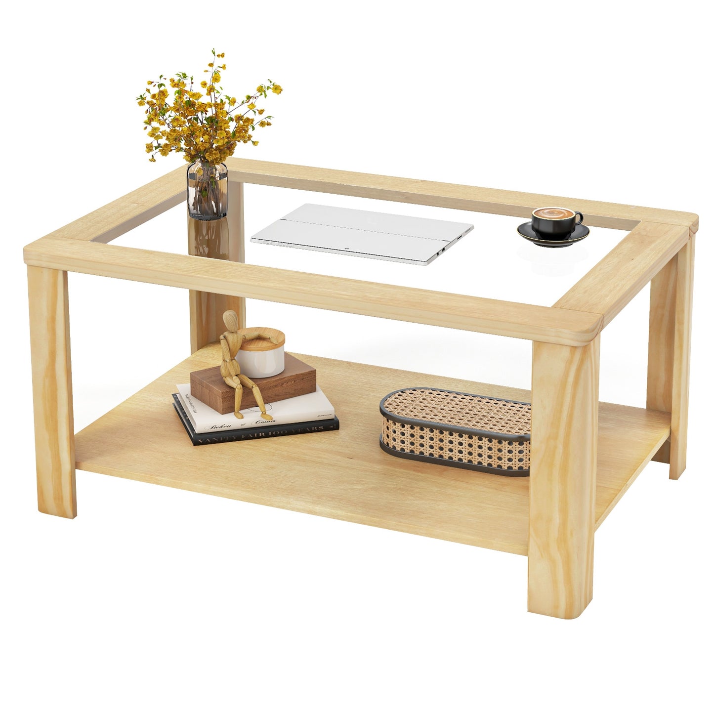 Modern 2-Tier Glass Coffee Table with Solid Wood Frame and Open Storage Shelf