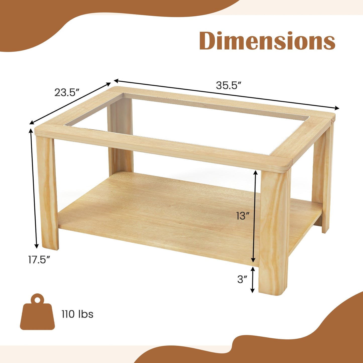 Modern 2-Tier Glass Coffee Table with Solid Wood Frame and Open Storage Shelf