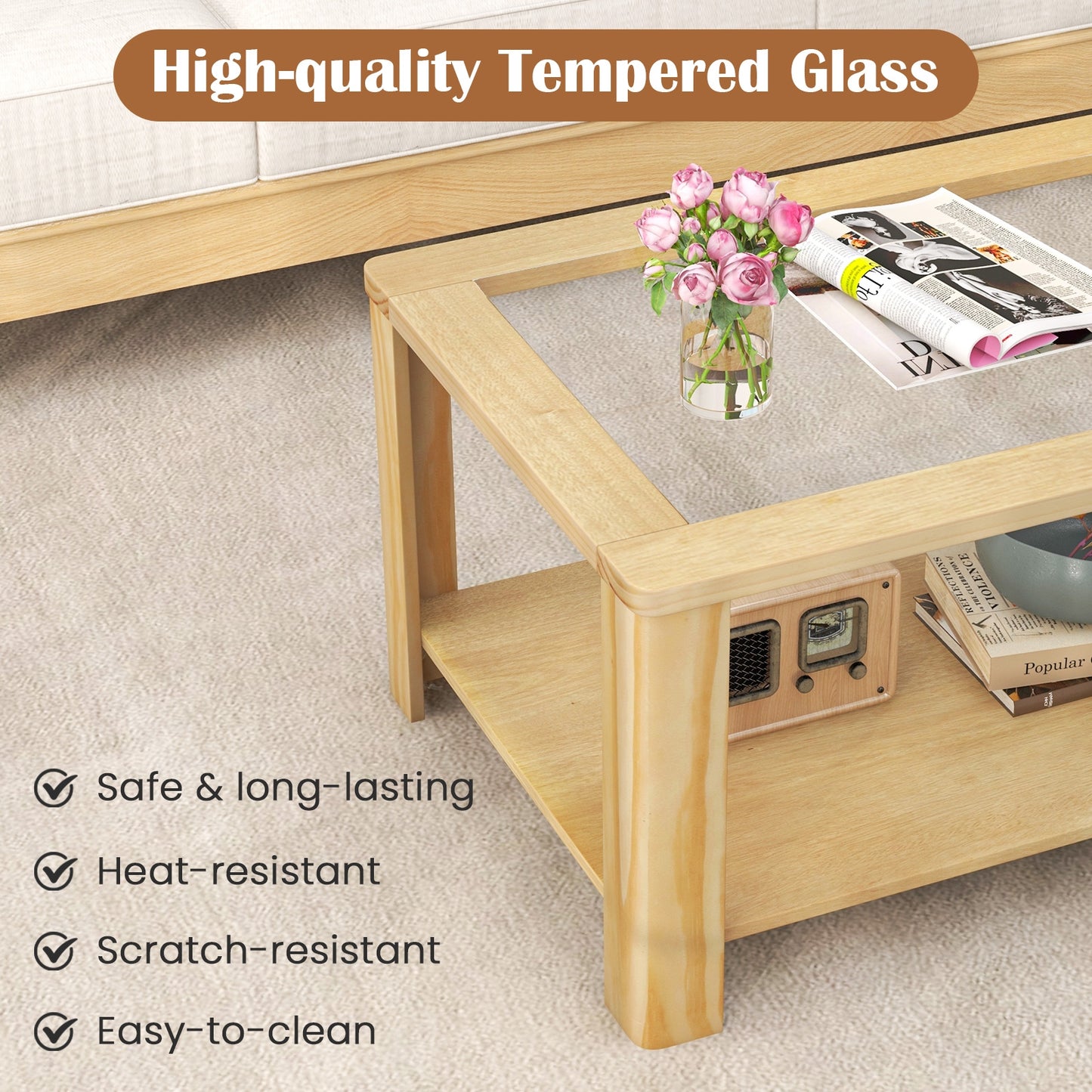 Modern 2-Tier Glass Coffee Table with Solid Wood Frame and Open Storage Shelf