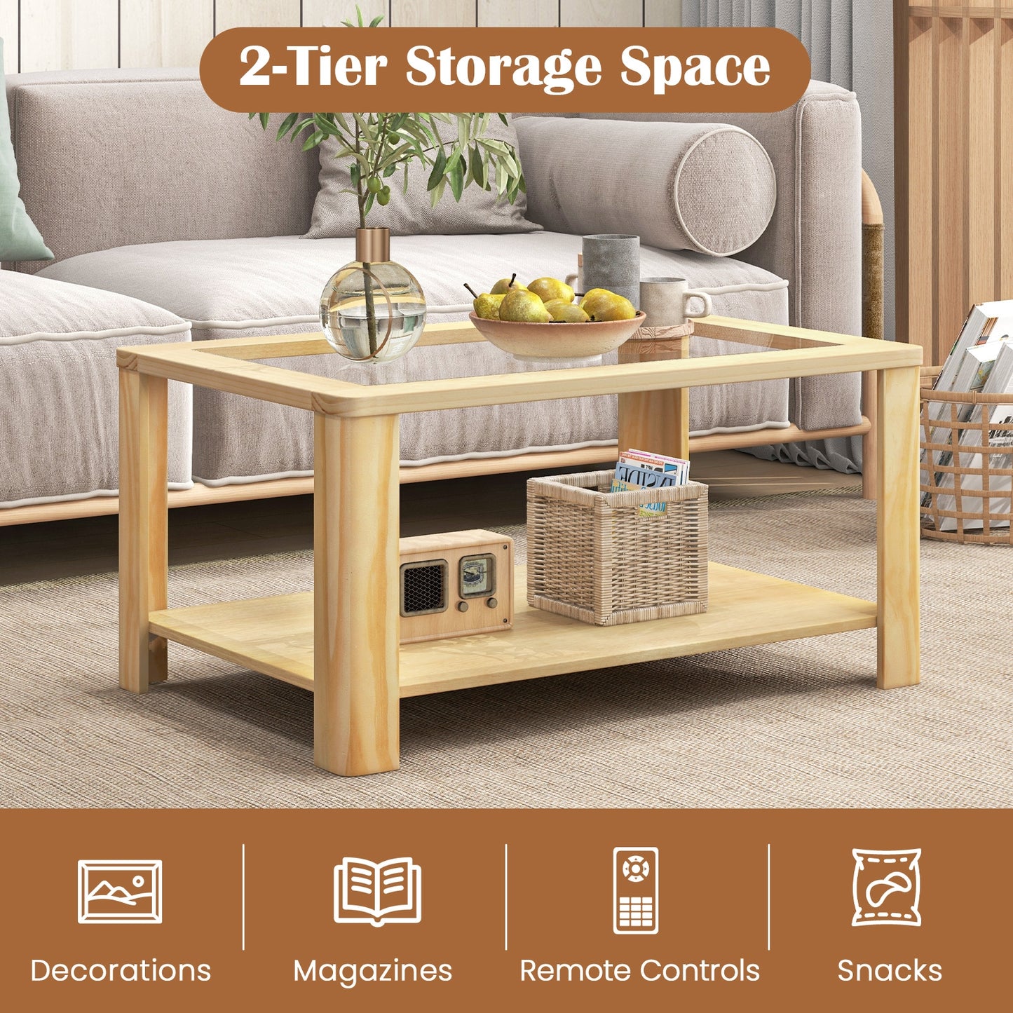 Modern 2-Tier Glass Coffee Table with Solid Wood Frame and Open Storage Shelf