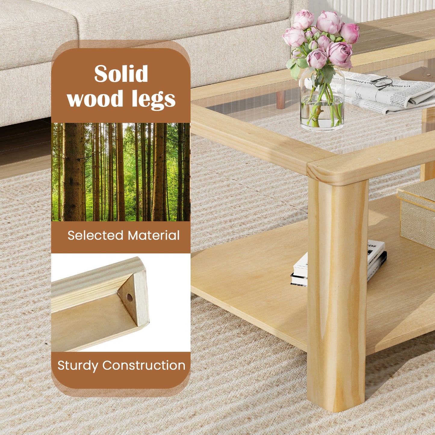 Modern 2-Tier Glass Coffee Table with Solid Wood Frame and Open Storage Shelf