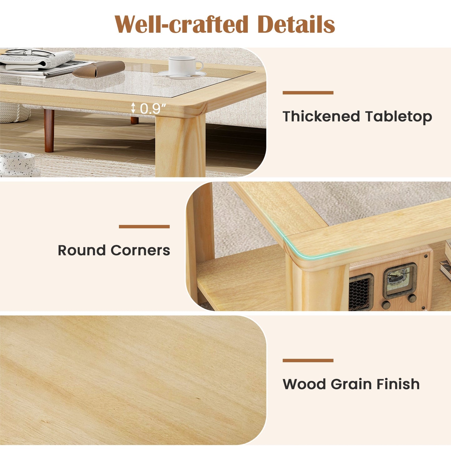 Modern 2-Tier Glass Coffee Table with Solid Wood Frame and Open Storage Shelf