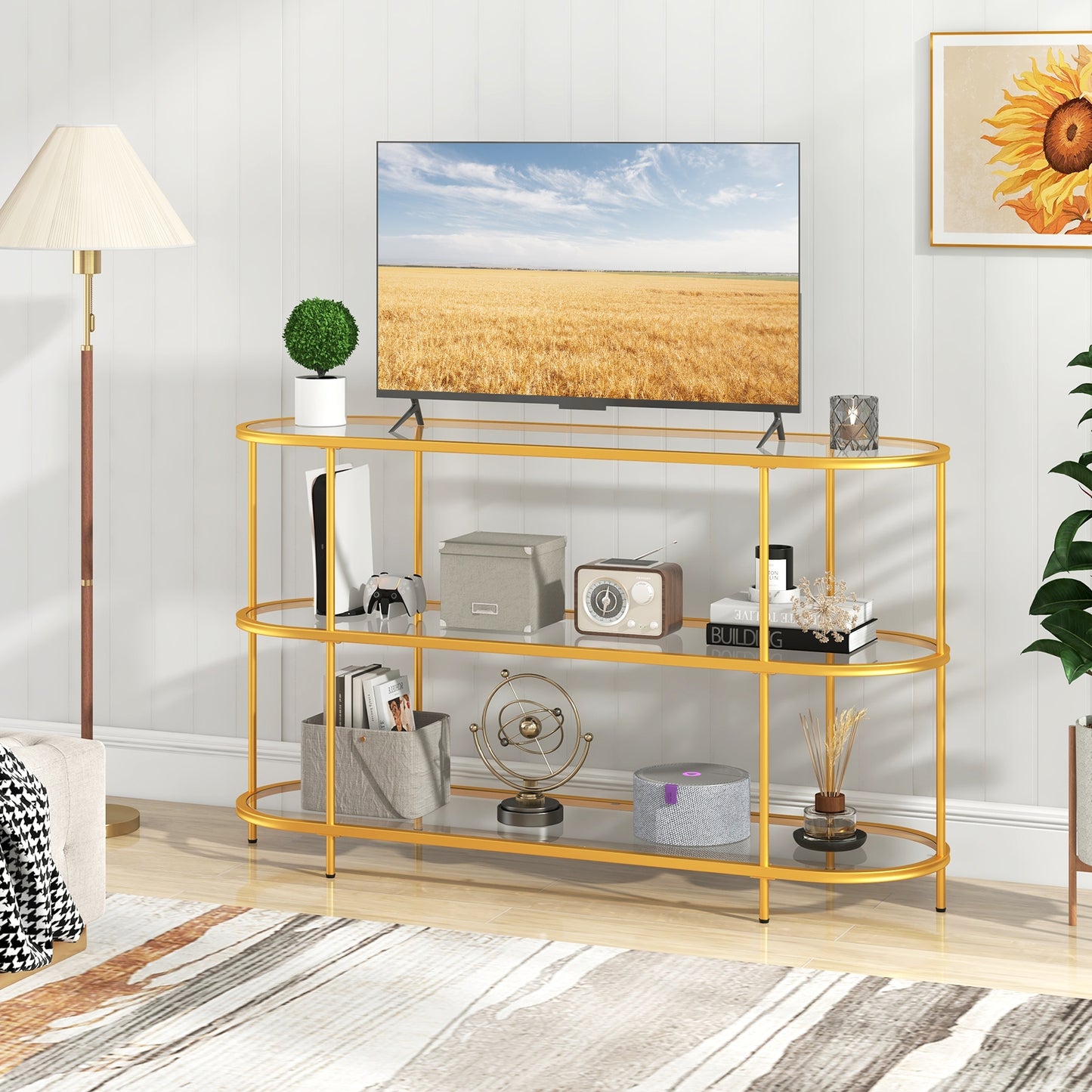 Modern 3-Tier Glass TV Stand with Metal Frame and Open Storage Shelves, Supports TVs up to 65 Inches