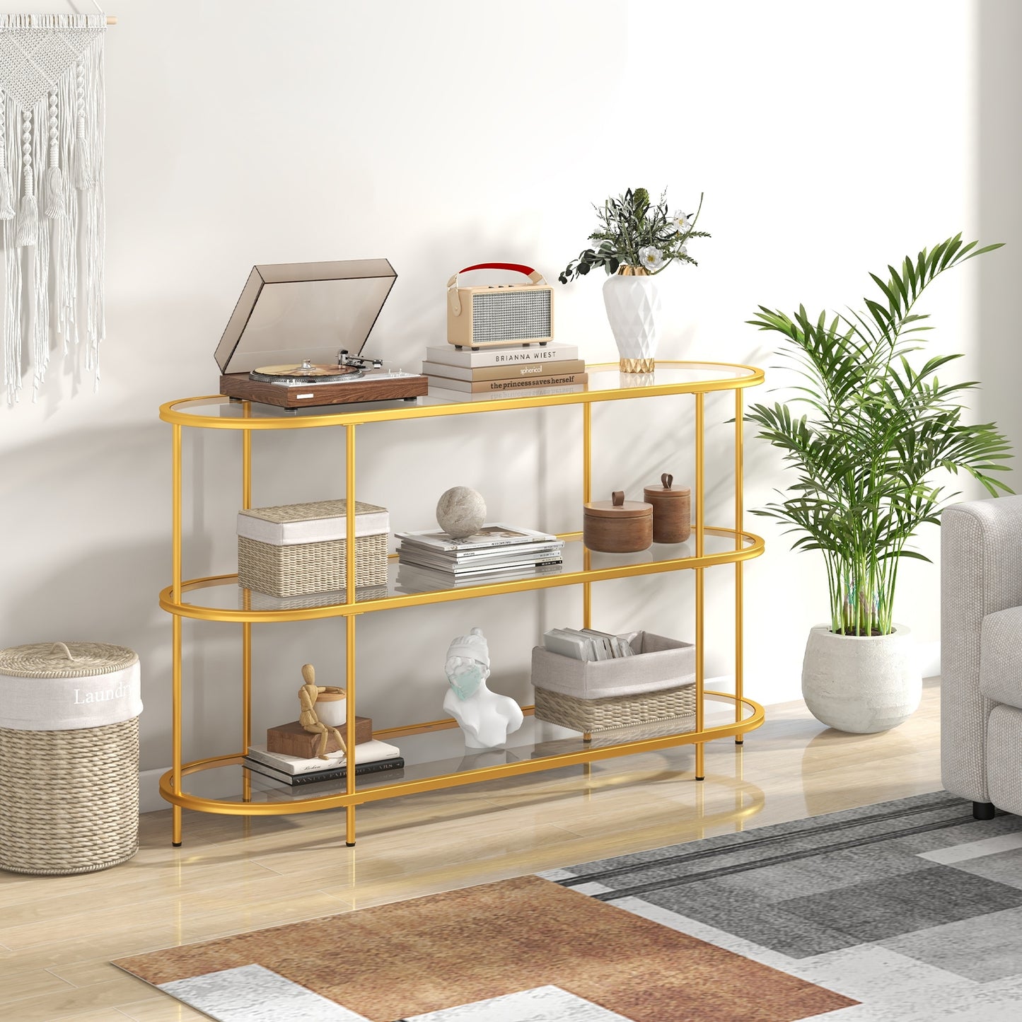 Modern 3-Tier Glass TV Stand with Metal Frame and Open Storage Shelves, Supports TVs up to 65 Inches