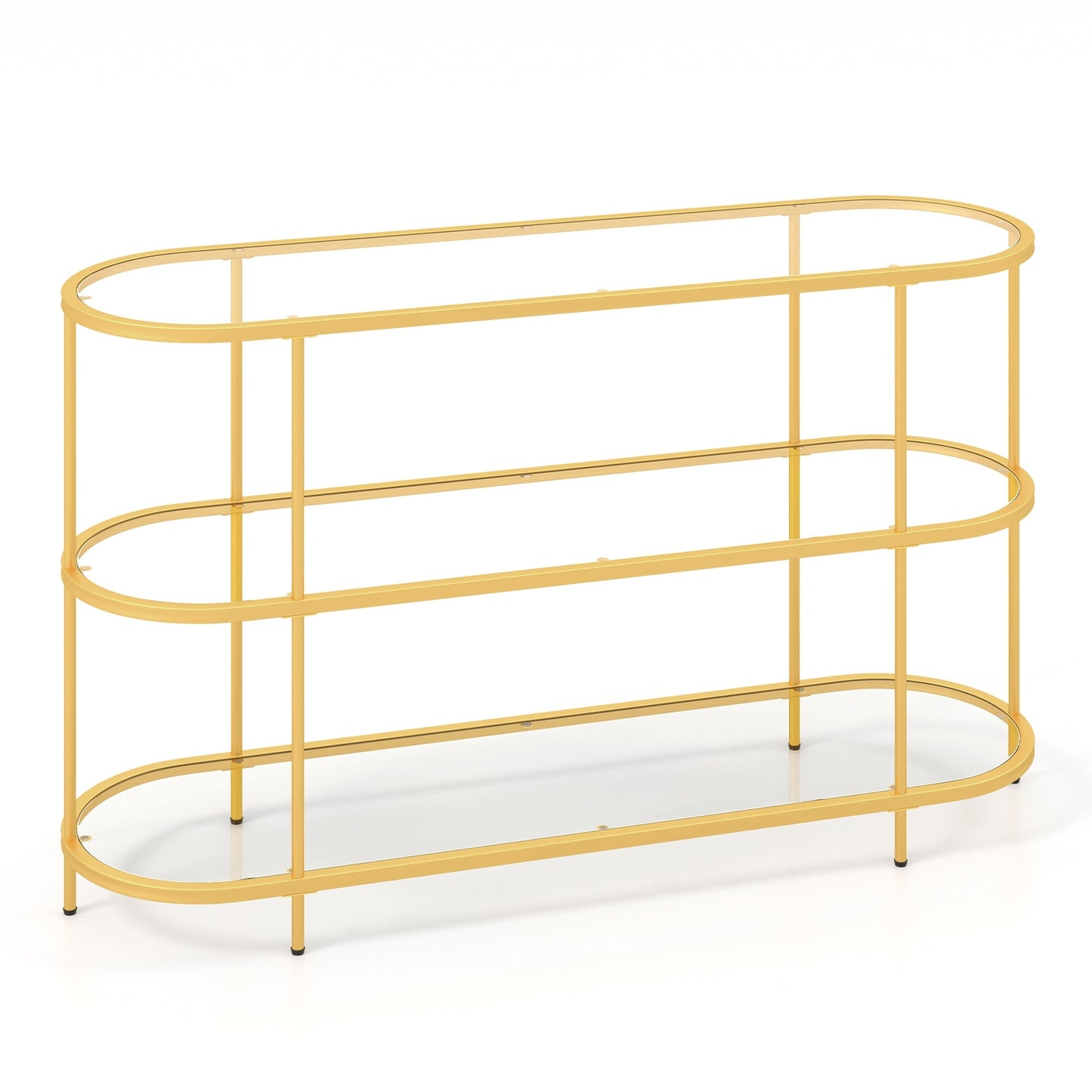 Modern 3-Tier Glass TV Stand with Metal Frame and Open Storage Shelves, Supports TVs up to 65 Inches