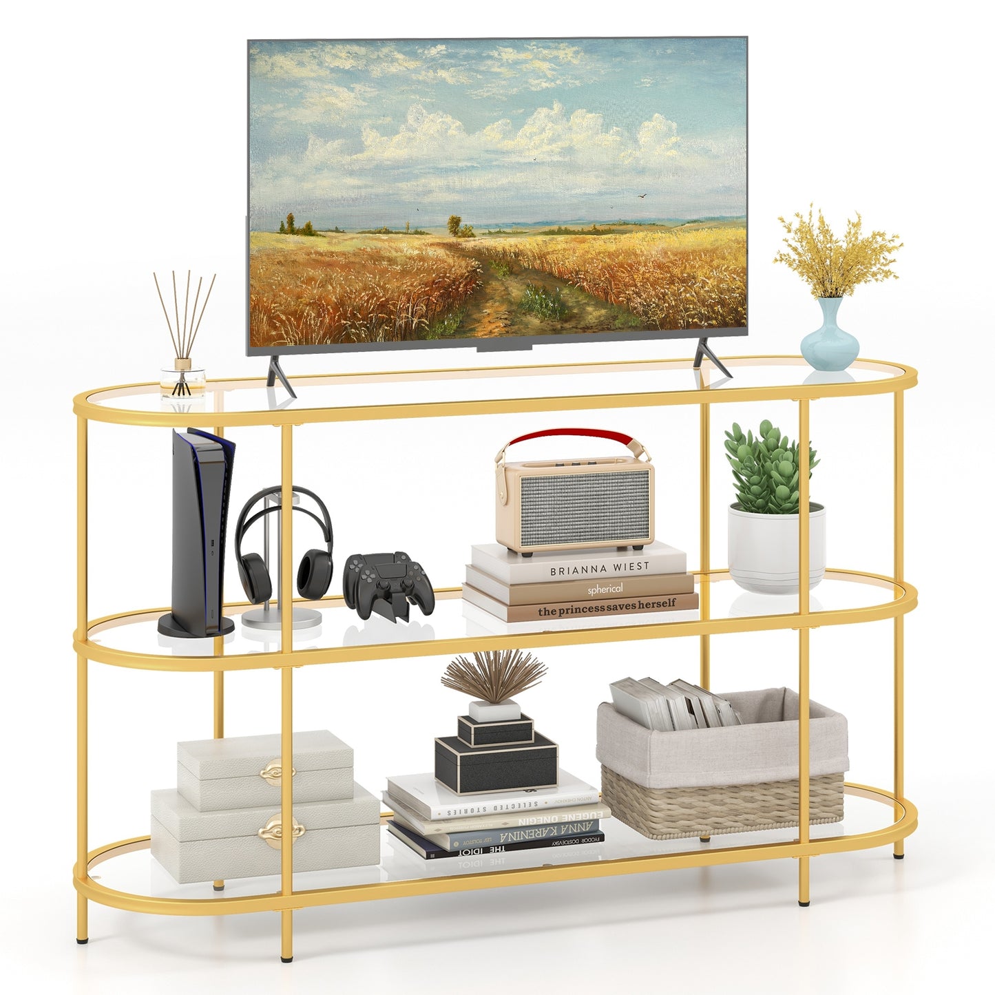 Modern 3-Tier Glass TV Stand with Metal Frame and Open Storage Shelves, Supports TVs up to 65 Inches