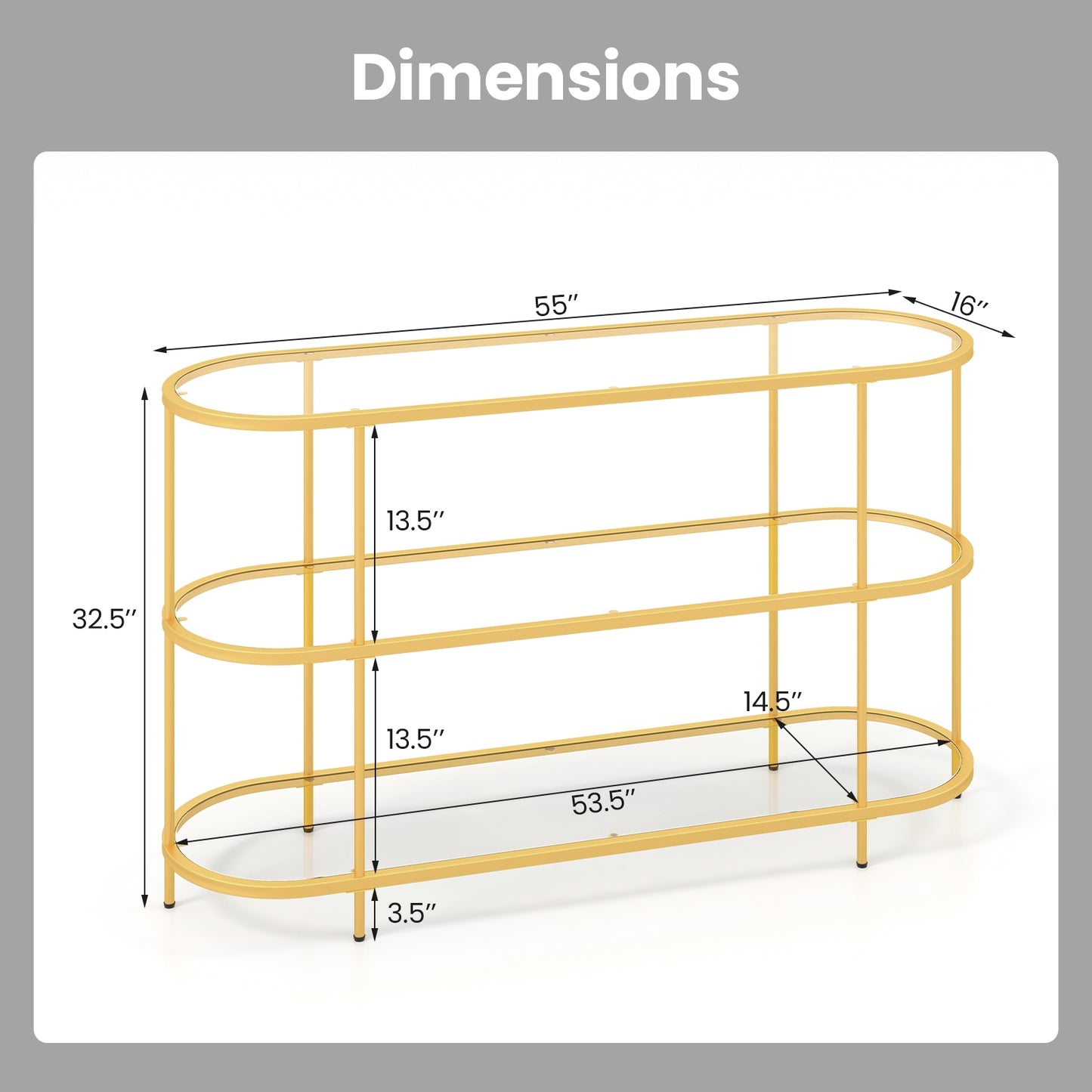 Modern 3-Tier Glass TV Stand with Metal Frame and Open Storage Shelves, Supports TVs up to 65 Inches