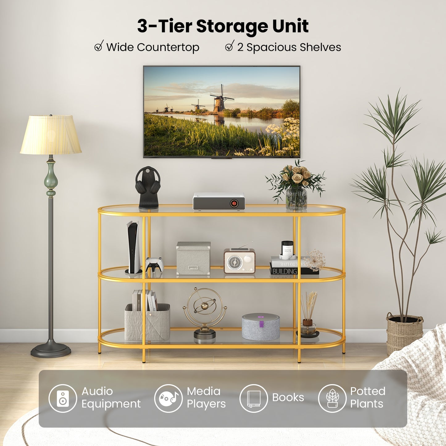 Modern 3-Tier Glass TV Stand with Metal Frame and Open Storage Shelves, Supports TVs up to 65 Inches