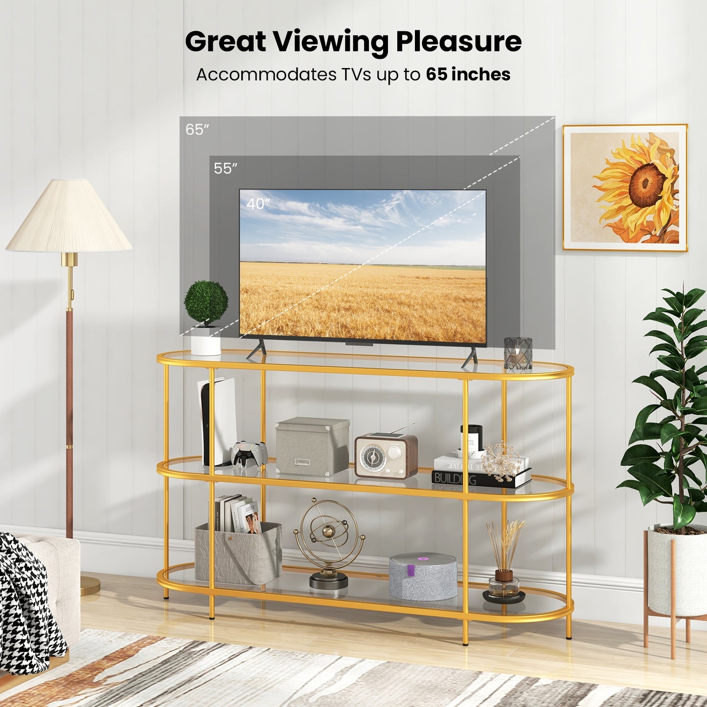 Modern 3-Tier Glass TV Stand with Metal Frame and Open Storage Shelves, Supports TVs up to 65 Inches