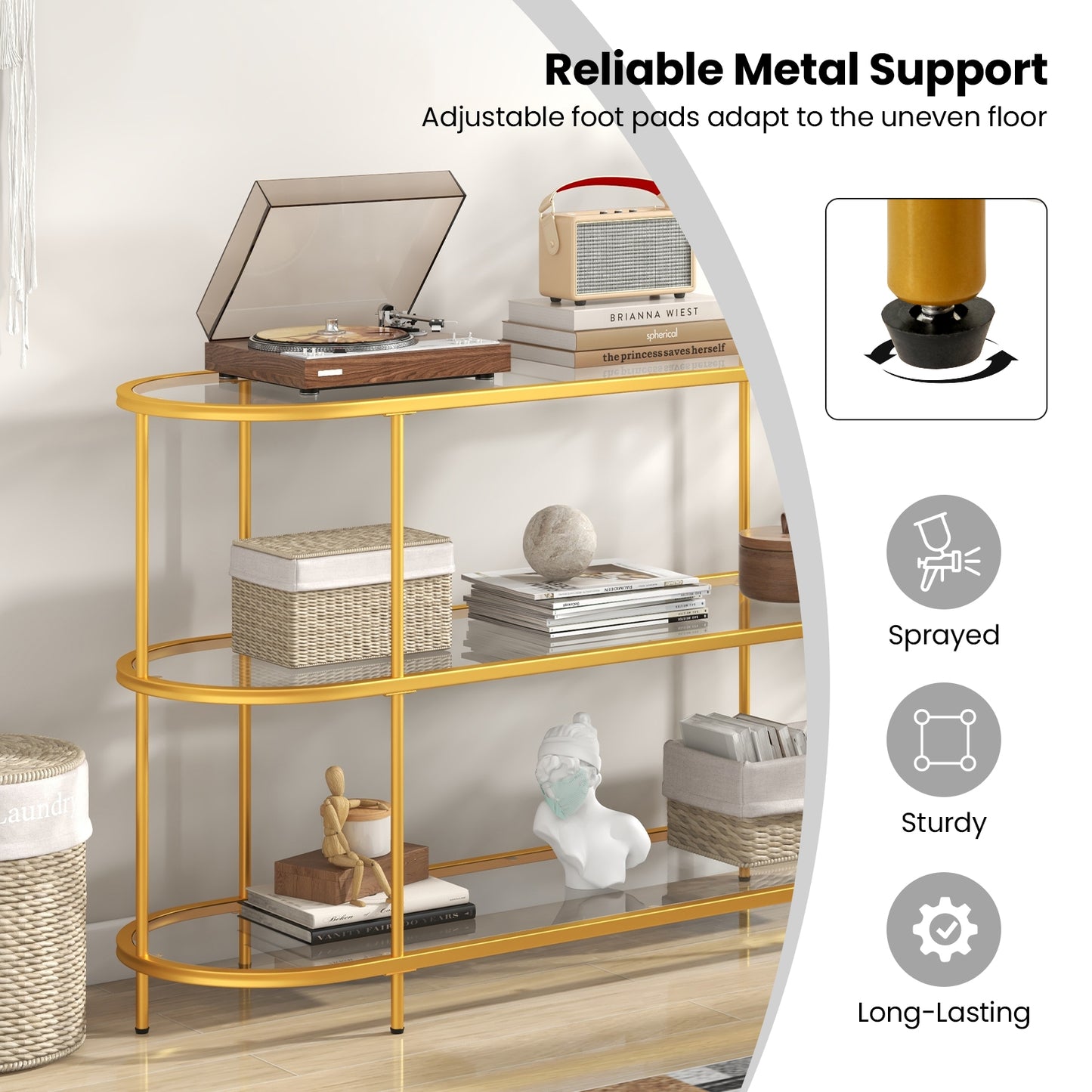 Modern 3-Tier Glass TV Stand with Metal Frame and Open Storage Shelves, Supports TVs up to 65 Inches