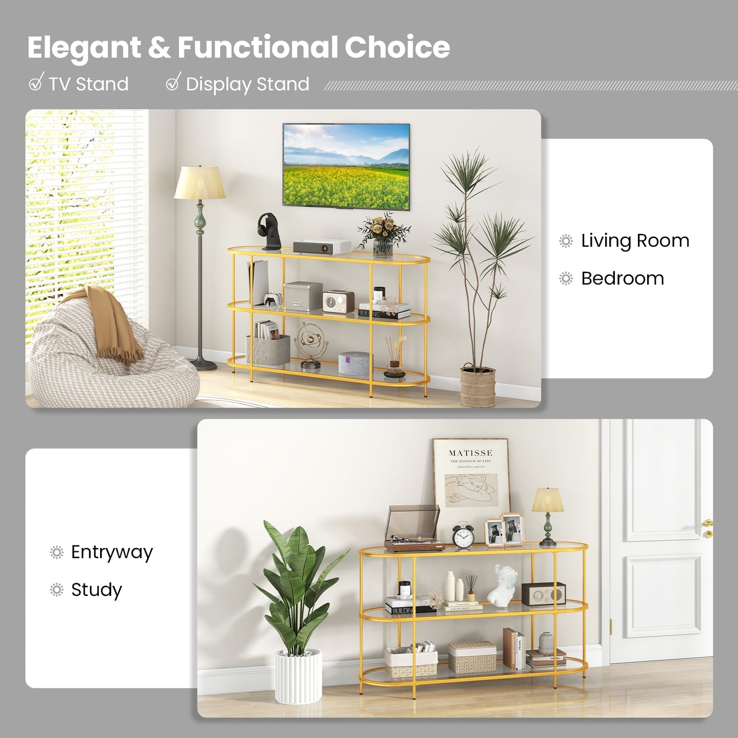 Modern 3-Tier Glass TV Stand with Metal Frame and Open Storage Shelves, Supports TVs up to 65 Inches