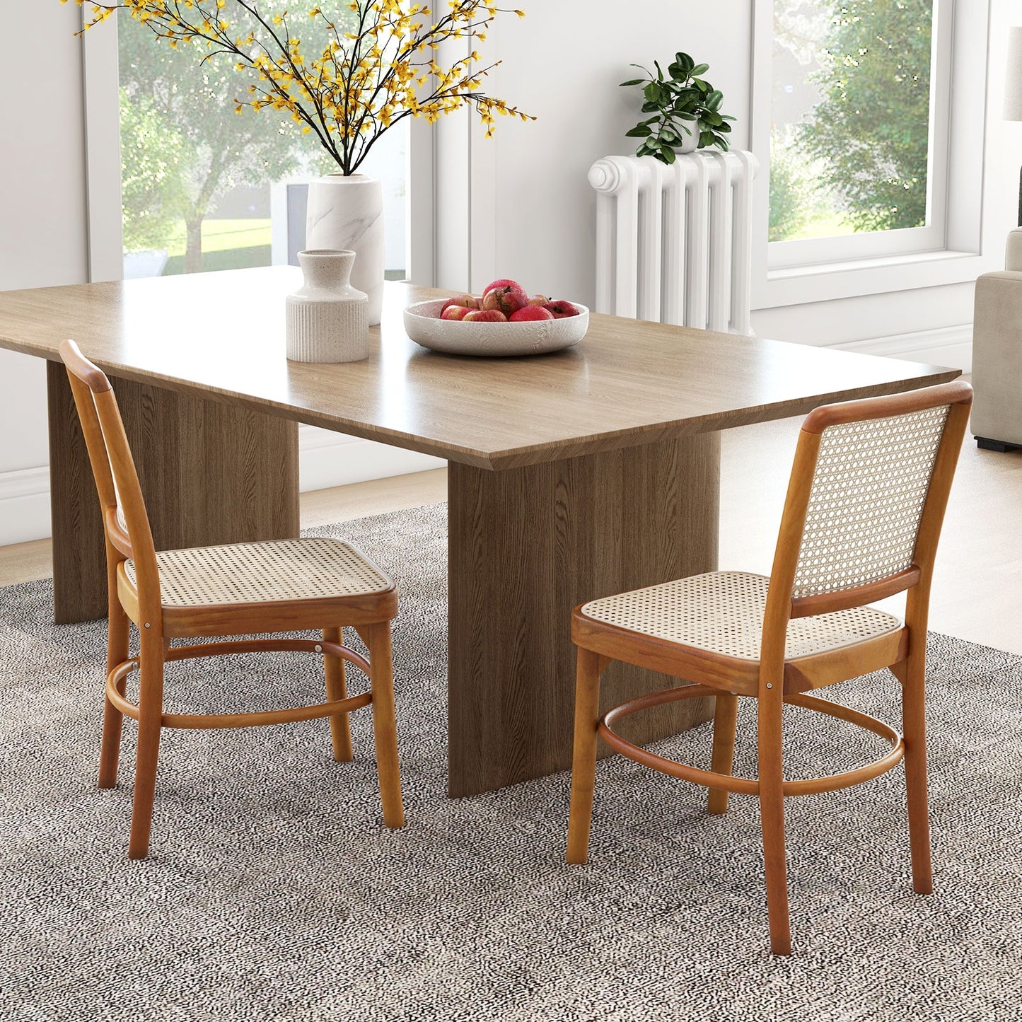 Boho Dining Chairs with Rattan and Teak Wood Frame Footrests for Indoor or Outdoor Use - Set of 2