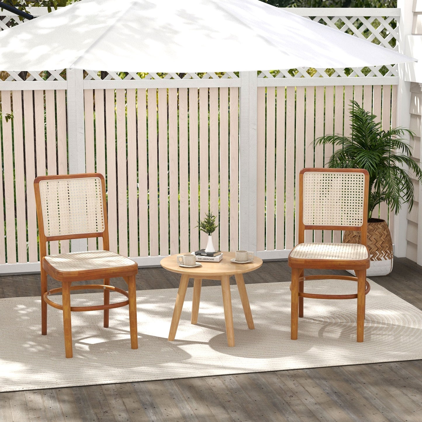 Boho Dining Chairs with Rattan and Teak Wood Frame Footrests for Indoor or Outdoor Use - Set of 2
