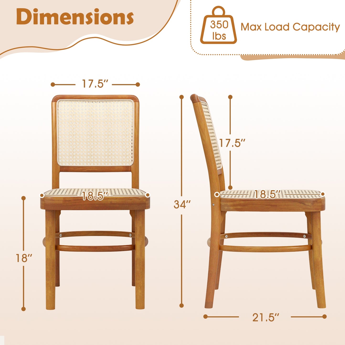 Boho Dining Chairs with Rattan and Teak Wood Frame Footrests for Indoor or Outdoor Use - Set of 2