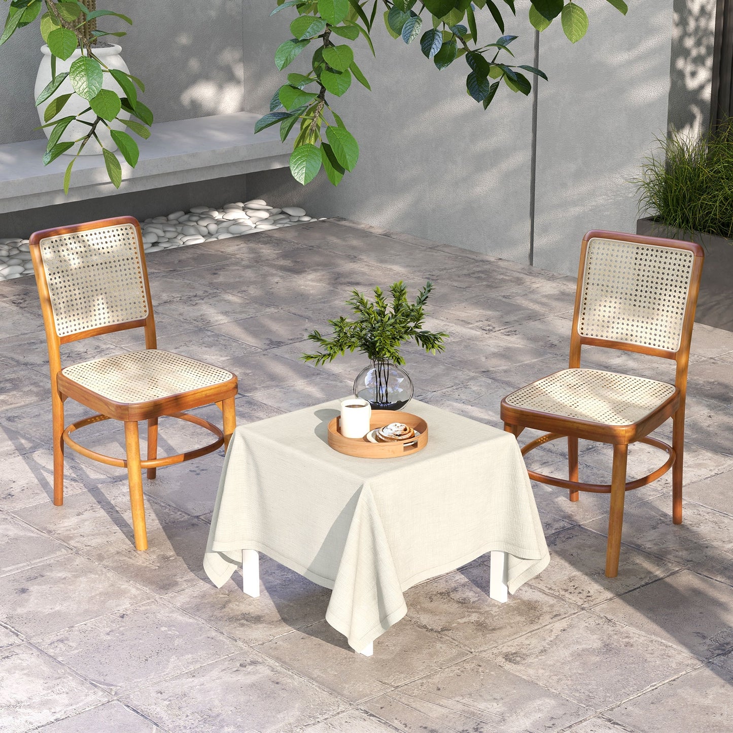 Boho Dining Chairs with Rattan and Teak Wood Frame Footrests for Indoor or Outdoor Use - Set of 2
