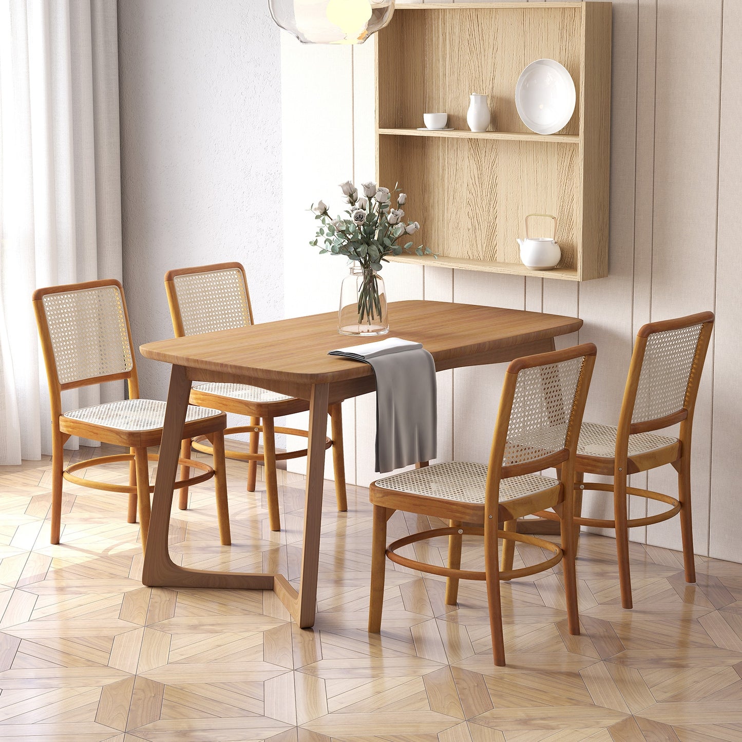 Boho Dining Chairs with Rattan and Teak Wood Frame Footrests for Indoor or Outdoor Use - Set of 2