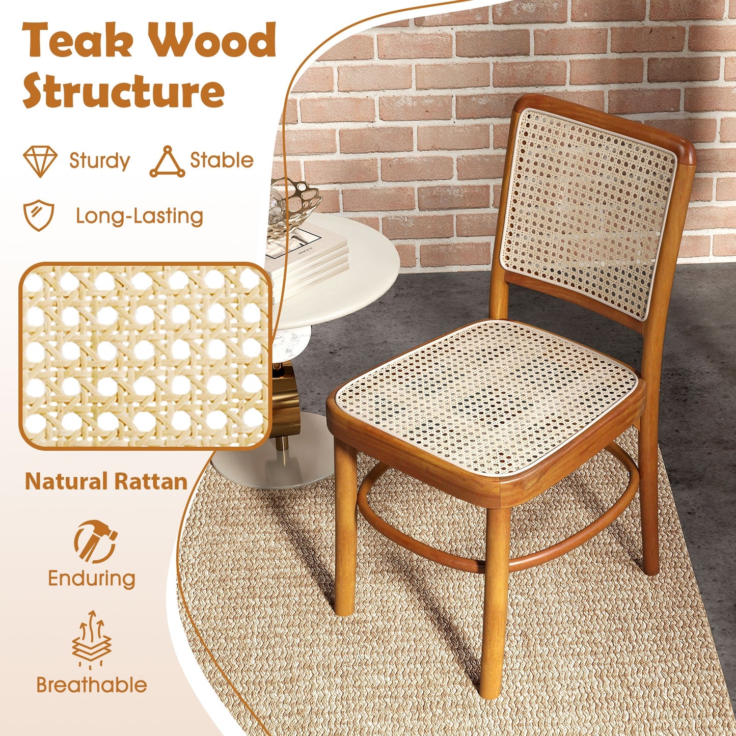 Boho Dining Chairs with Rattan and Teak Wood Frame Footrests for Indoor or Outdoor Use - Set of 2