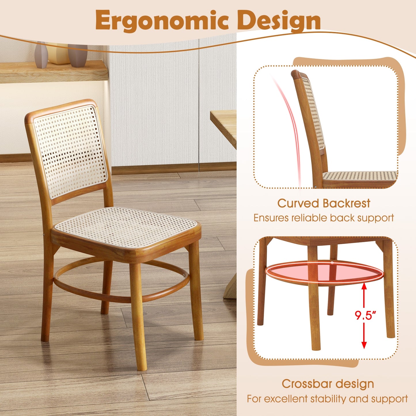 Boho Dining Chairs with Rattan and Teak Wood Frame Footrests for Indoor or Outdoor Use - Set of 2