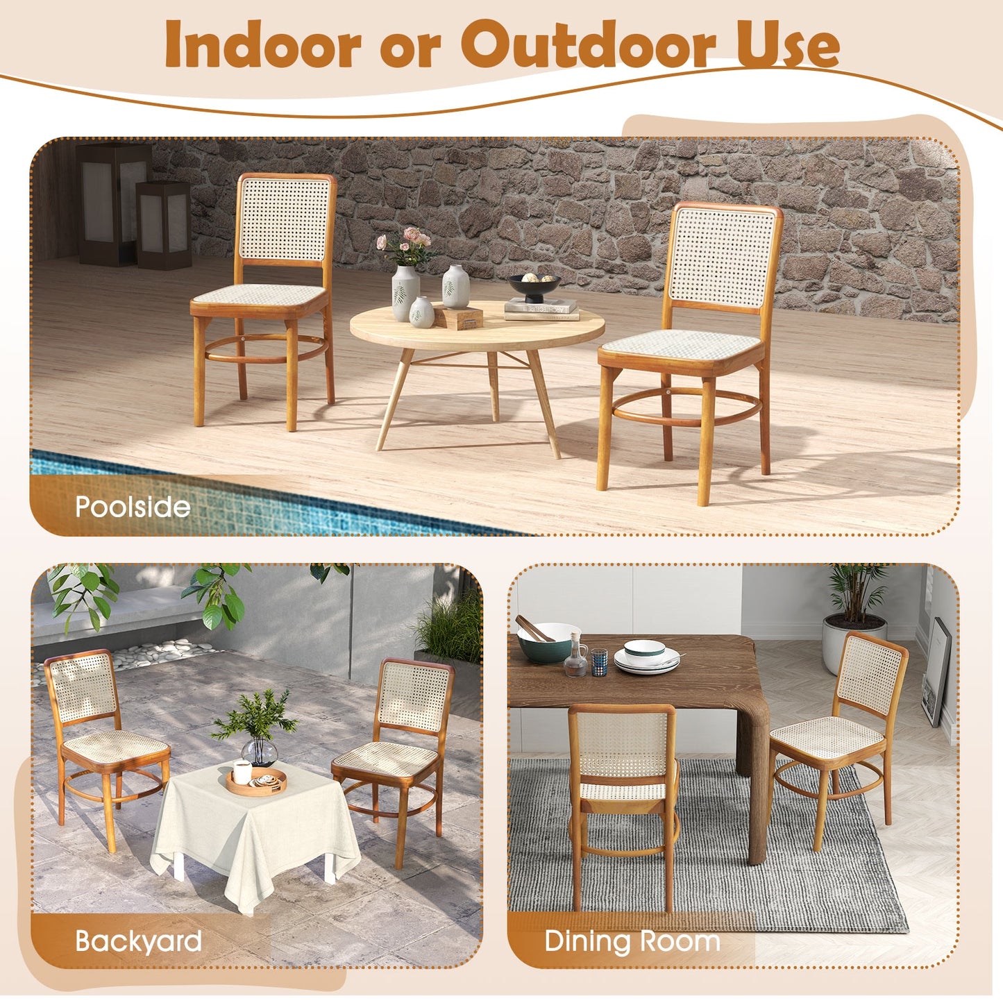 Boho Dining Chairs with Rattan and Teak Wood Frame Footrests for Indoor or Outdoor Use - Set of 2