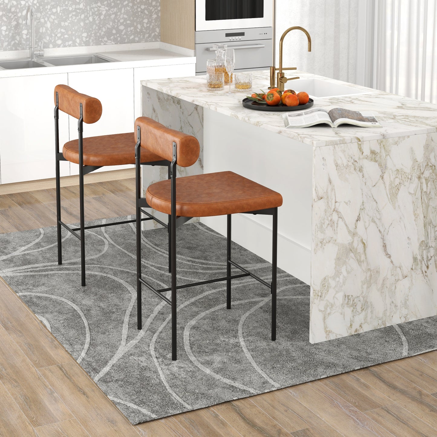 Set of 2 Upholstered Counter Height Bar Stools 20 Inch with Backrest in Brown