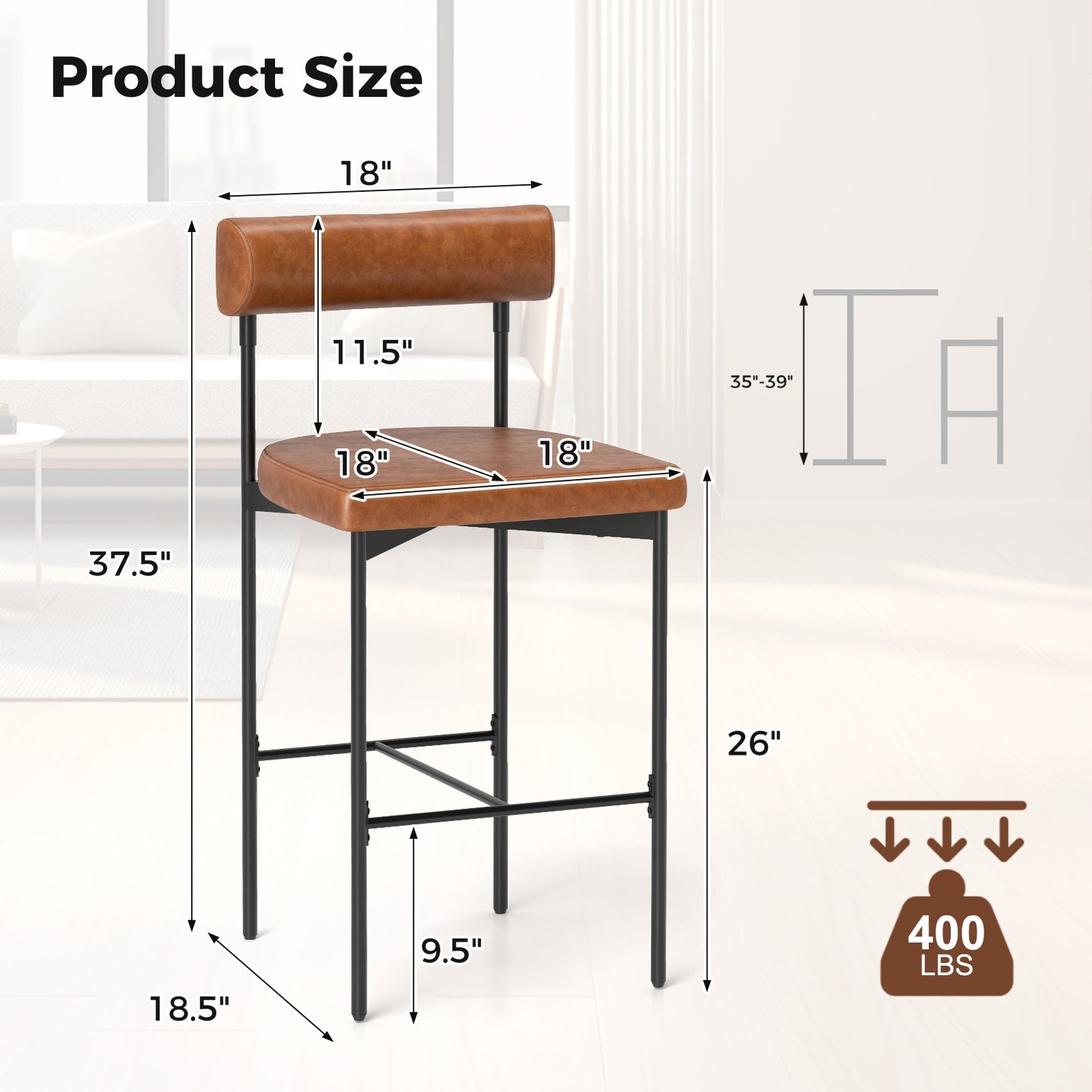Set of 2 Upholstered Counter Height Bar Stools 20 Inch with Backrest in Brown