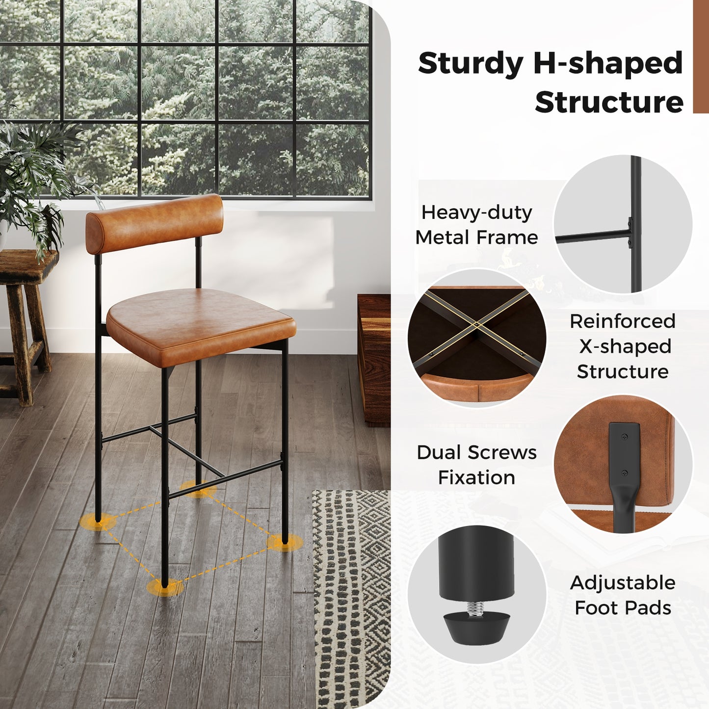 Set of 2 Upholstered Counter Height Bar Stools 20 Inch with Backrest in Brown