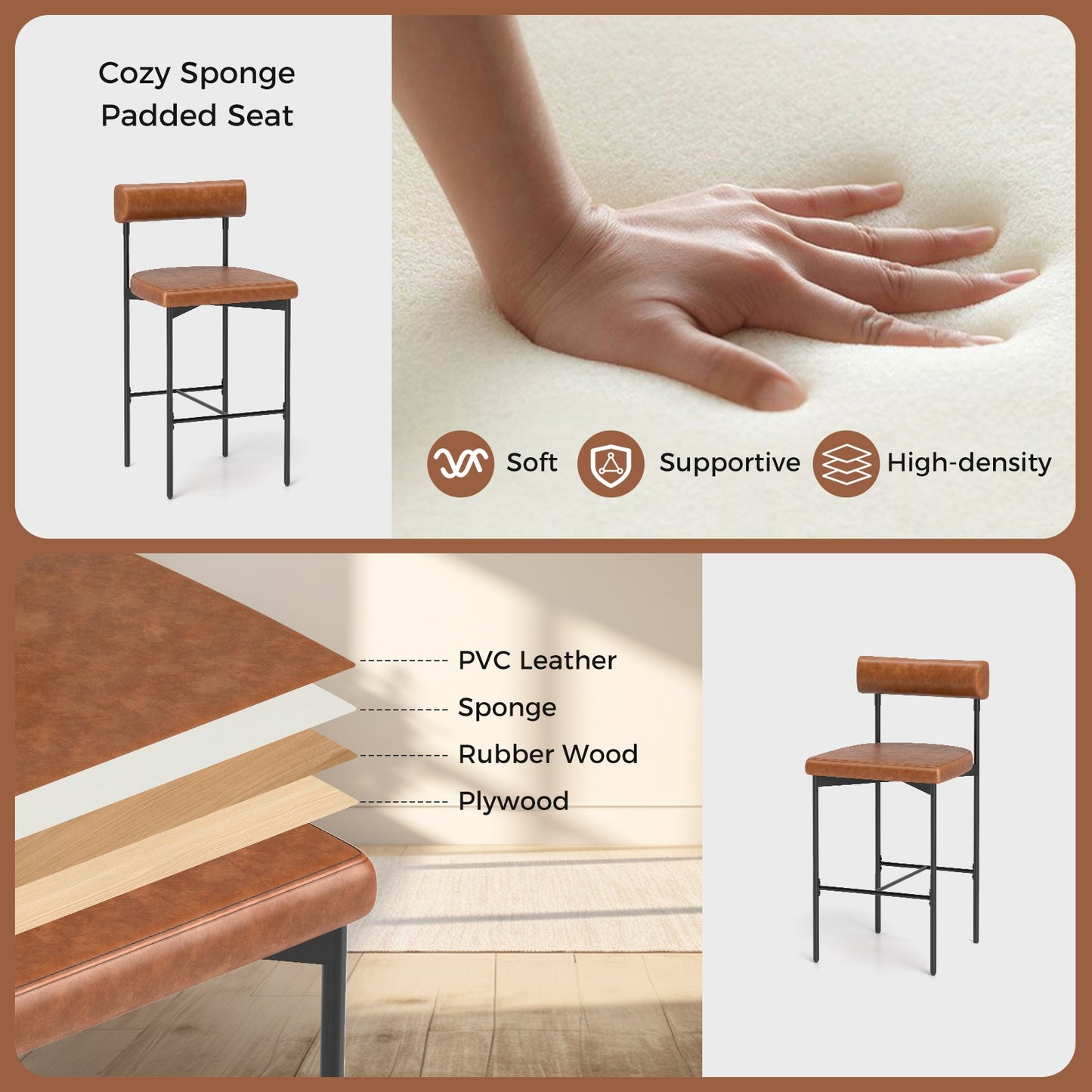 Set of 2 Upholstered Counter Height Bar Stools 20 Inch with Backrest in Brown