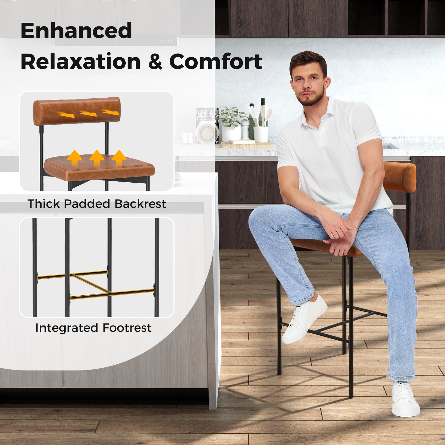 Set of 2 Upholstered Counter Height Bar Stools 20 Inch with Backrest in Brown