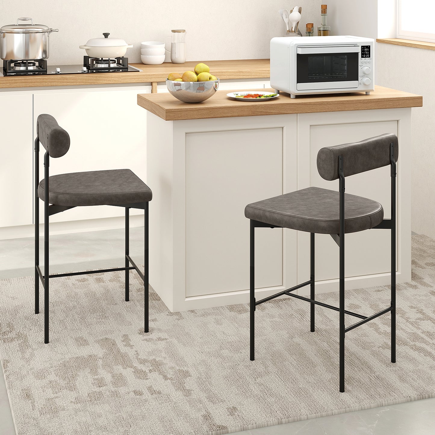 Set of 2 Upholstered Counter Height Bar Stools 20 Inch with Backrest in Grey