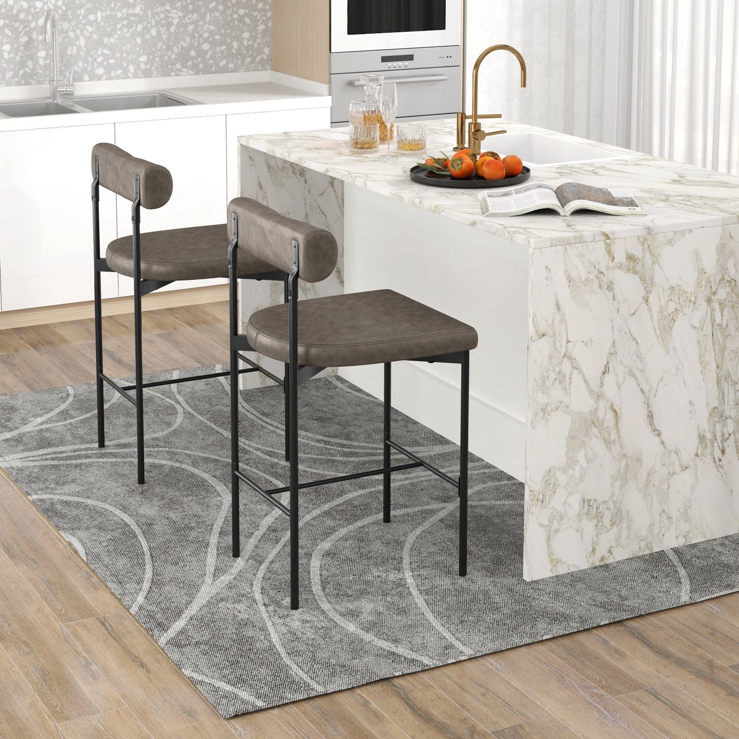 Set of 2 Upholstered Counter Height Bar Stools 20 Inch with Backrest in Grey