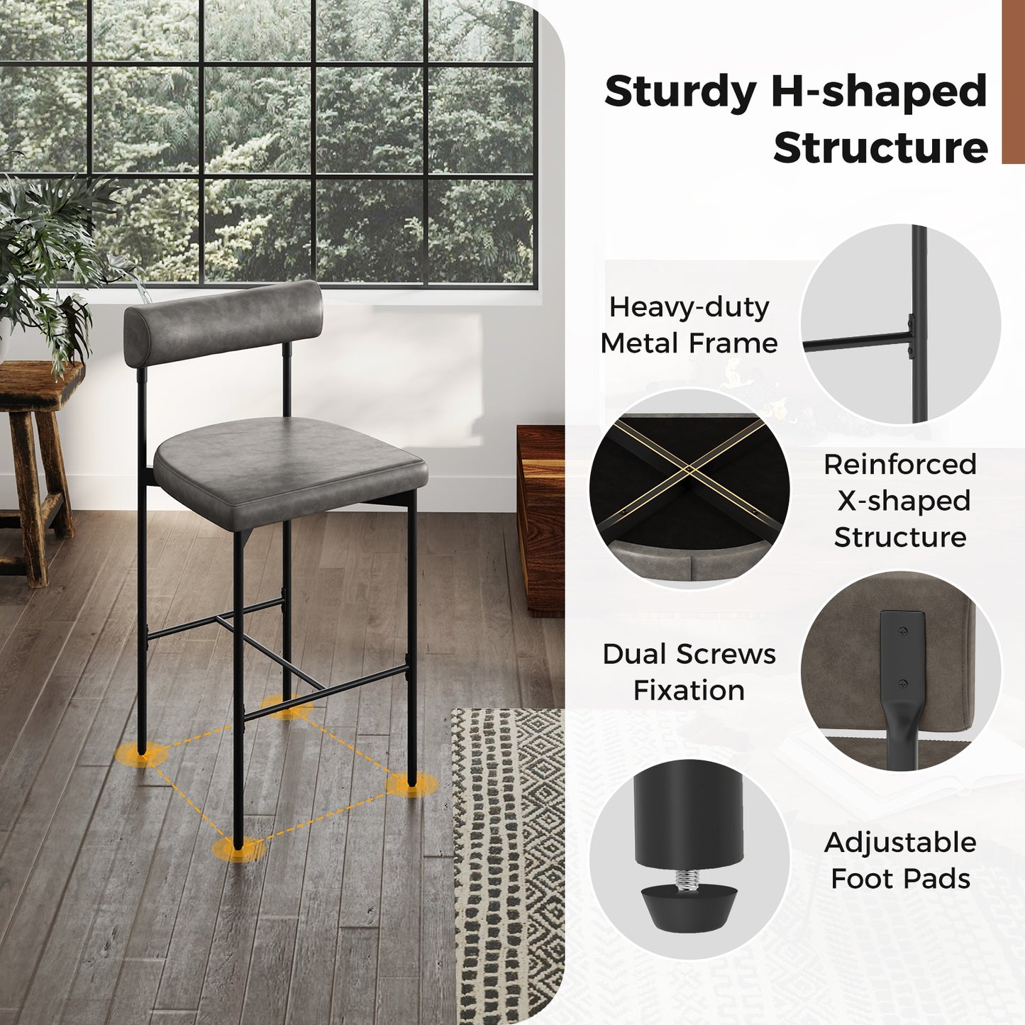 Set of 2 Upholstered Counter Height Bar Stools 20 Inch with Backrest in Grey