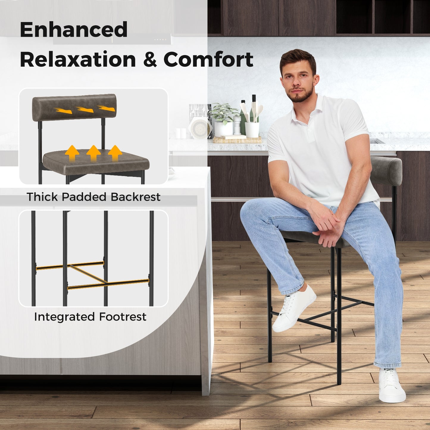 Set of 2 Upholstered Counter Height Bar Stools 20 Inch with Backrest in Grey