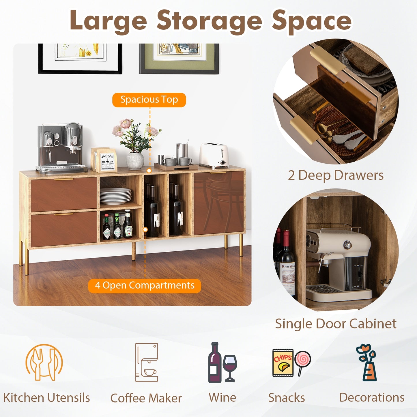 Elegant Mirrored Buffet Cabinet with Storage Drawers and Door for Living Room, Dining or Kitchen