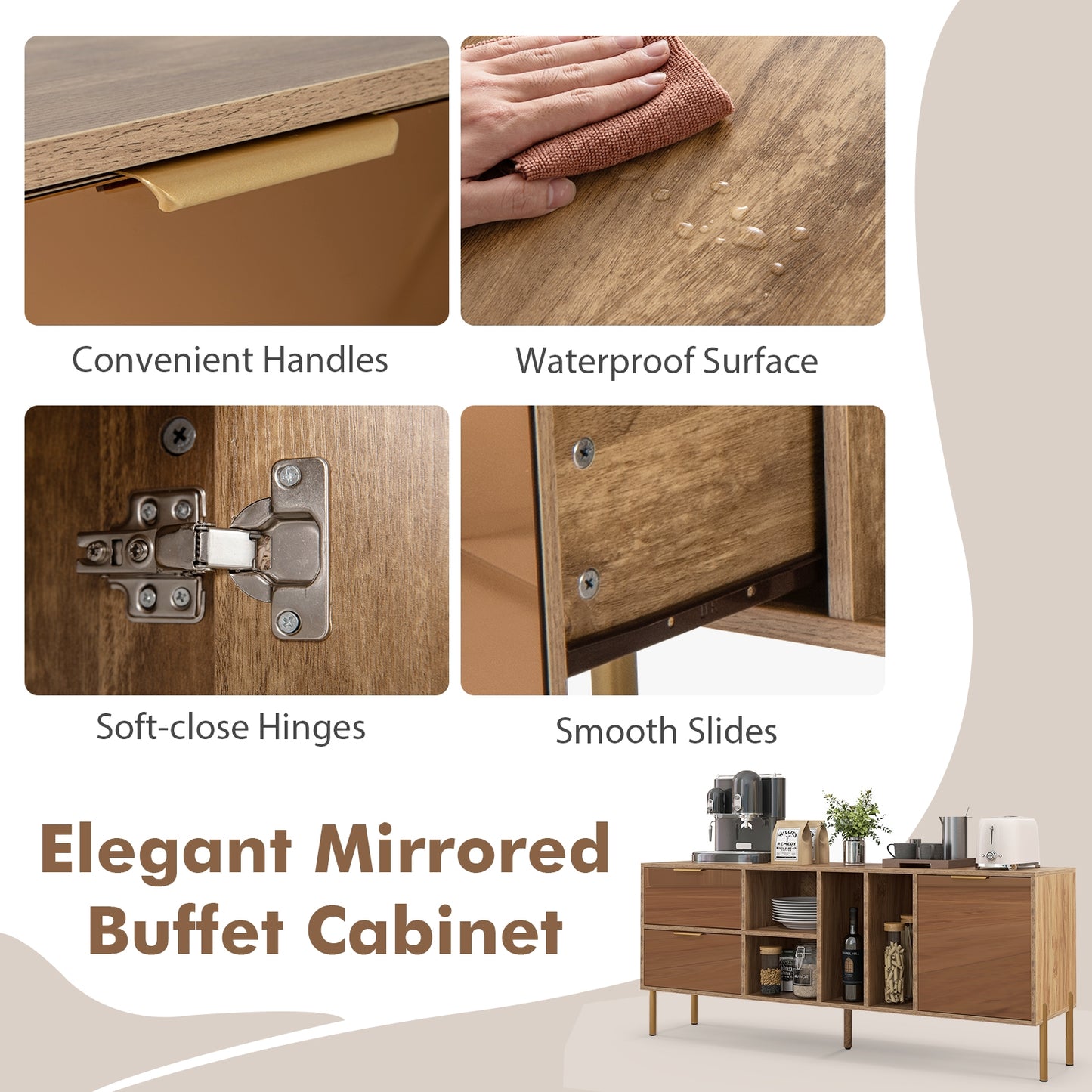 Elegant Mirrored Buffet Cabinet with Storage Drawers and Door for Living Room, Dining or Kitchen