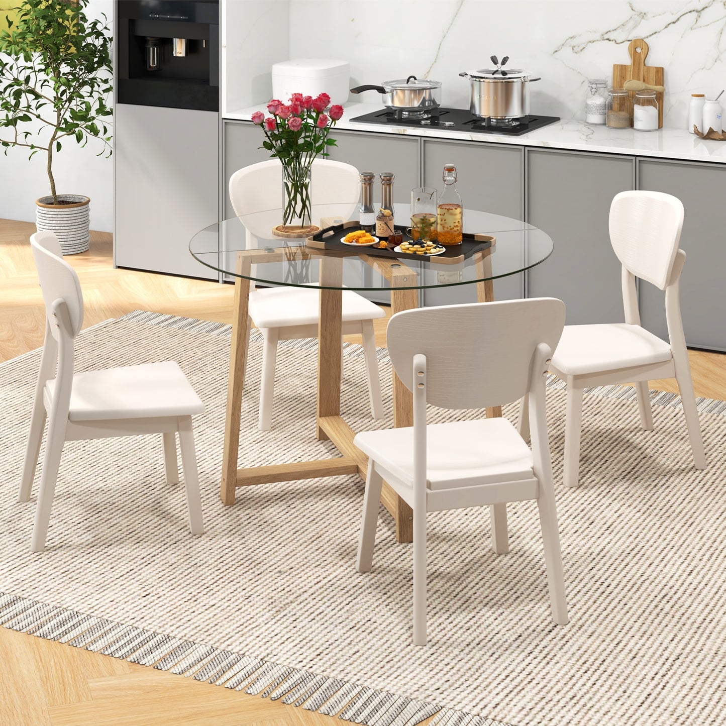 Modern 42 Inch Round Dining Table with Clear Tempered Glass Top and Solid Rubber Wood Base