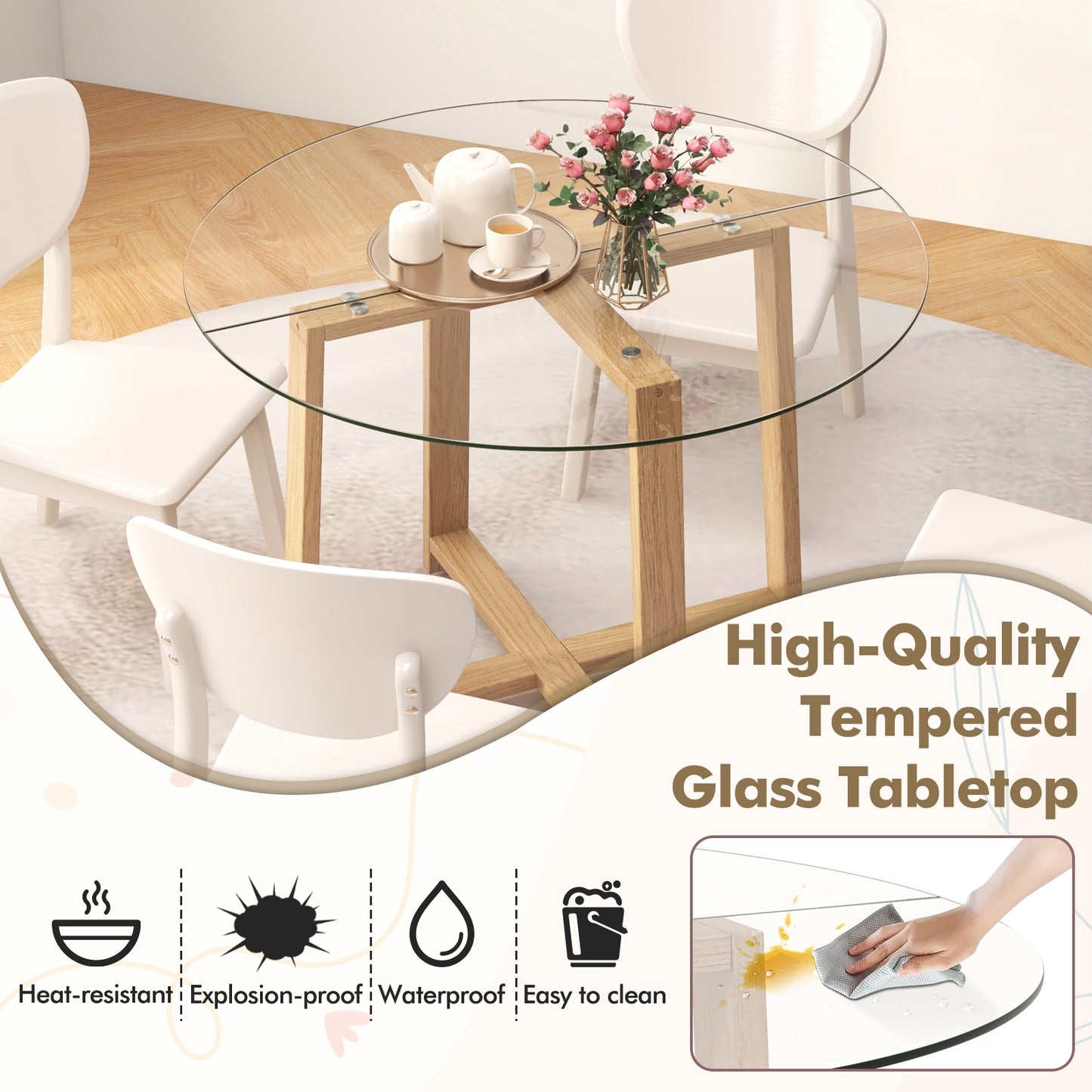 Modern 42 Inch Round Dining Table with Clear Tempered Glass Top and Solid Rubber Wood Base