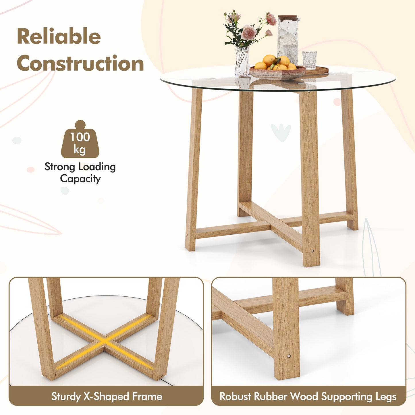 Modern 42 Inch Round Dining Table with Clear Tempered Glass Top and Solid Rubber Wood Base
