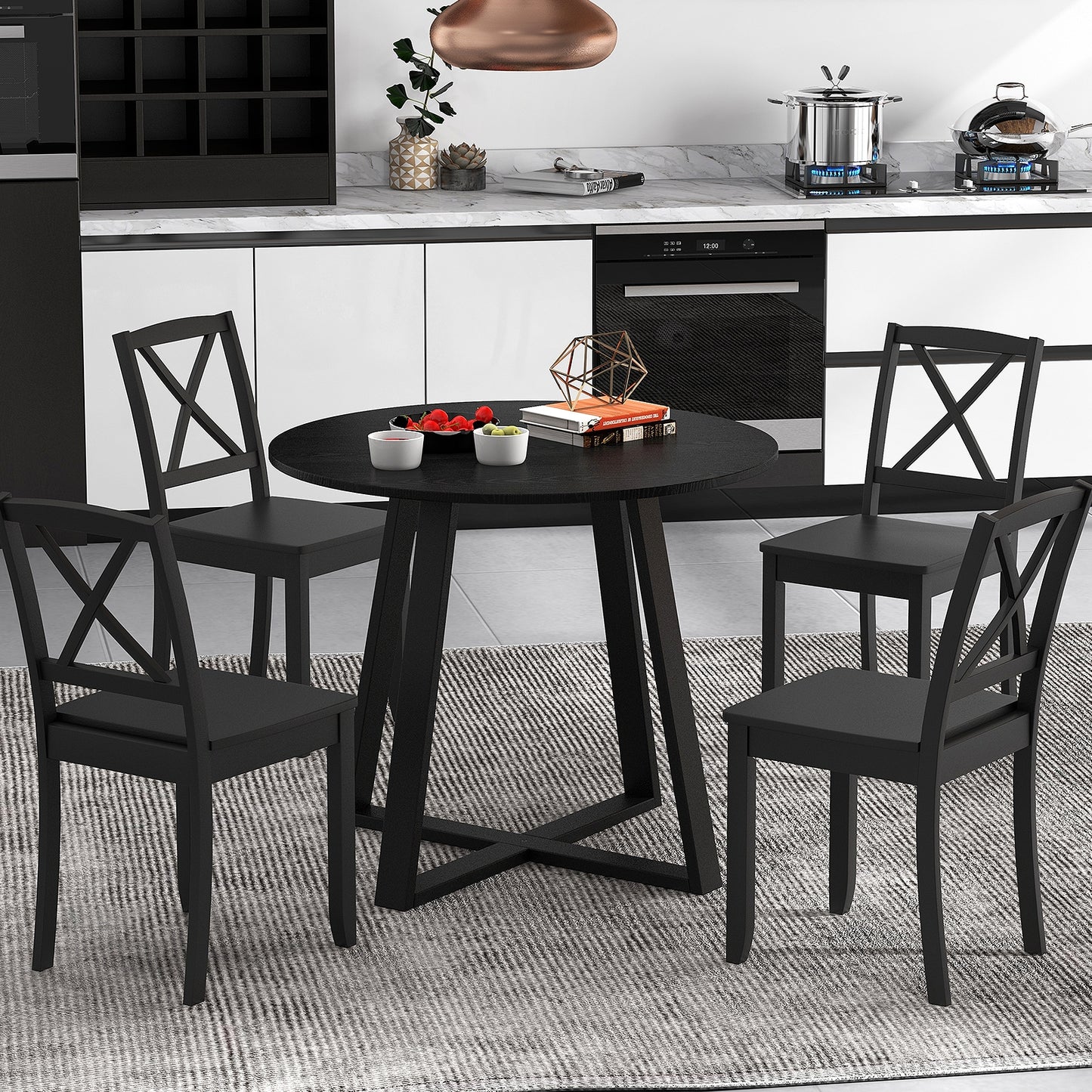 Round 36 Inch Dining Table with Pedestal Base and Solid Wood Frame for 4 People