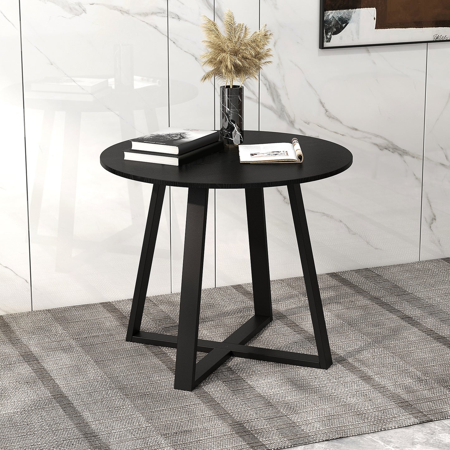 Round 36 Inch Dining Table with Pedestal Base and Solid Wood Frame for 4 People