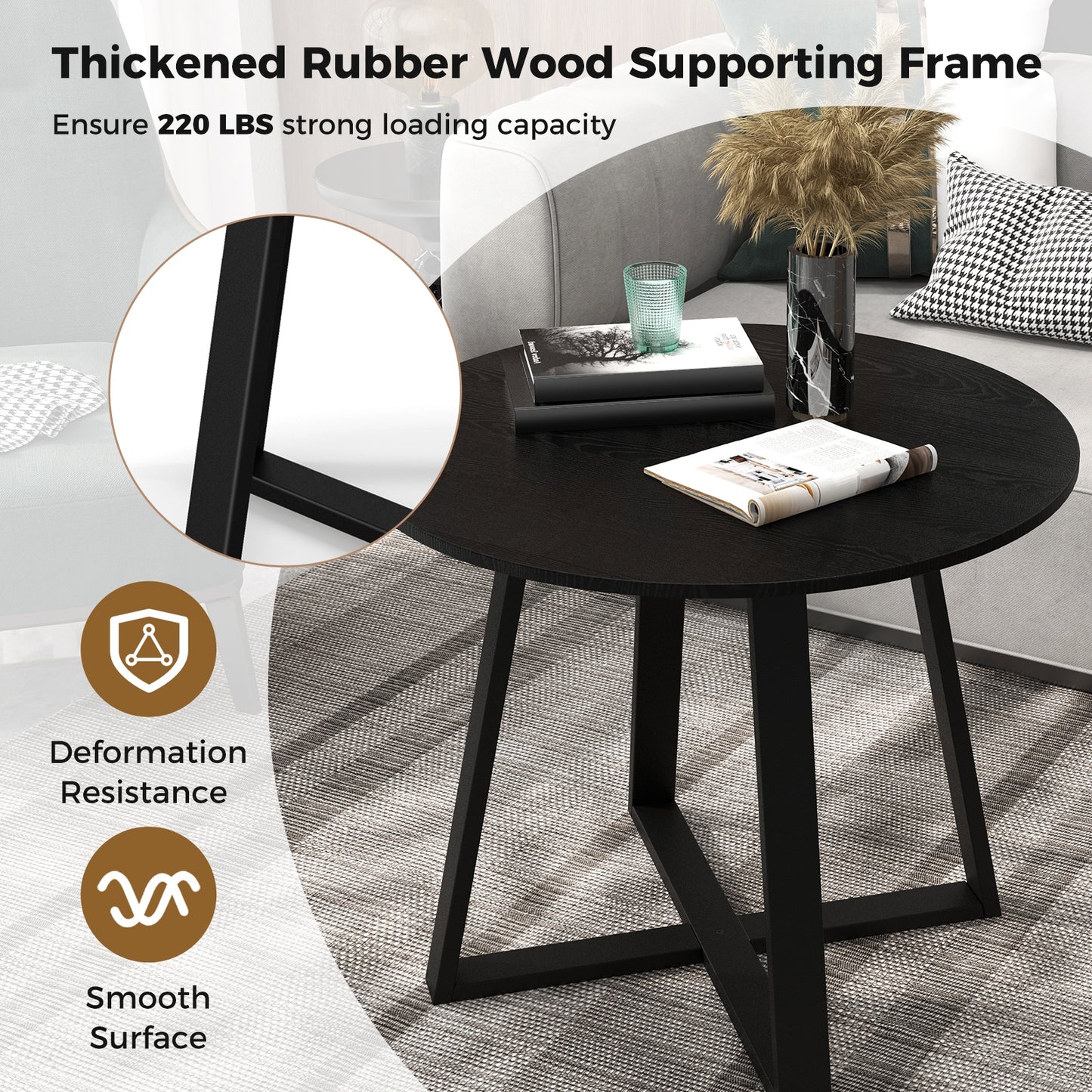 Round 36 Inch Dining Table with Pedestal Base and Solid Wood Frame for 4 People