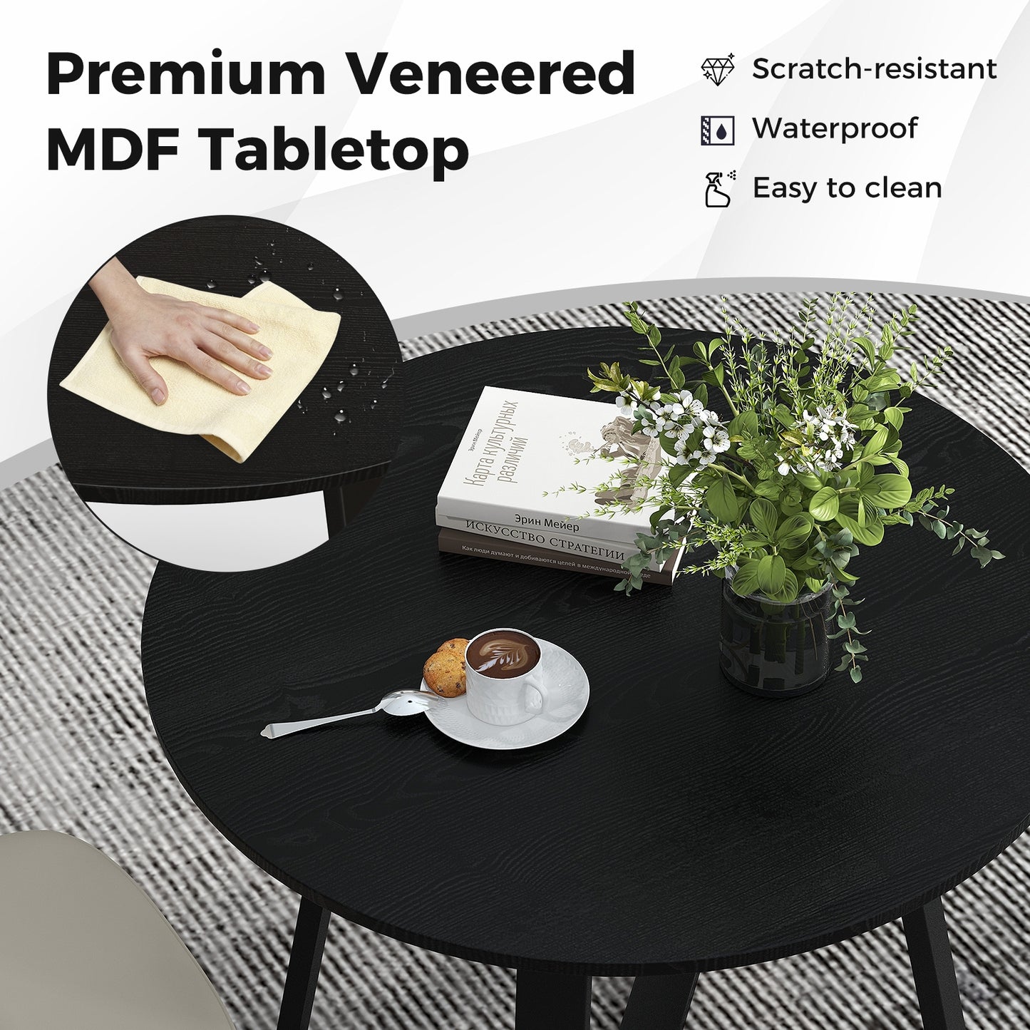 Round 36 Inch Dining Table with Pedestal Base and Solid Wood Frame for 4 People