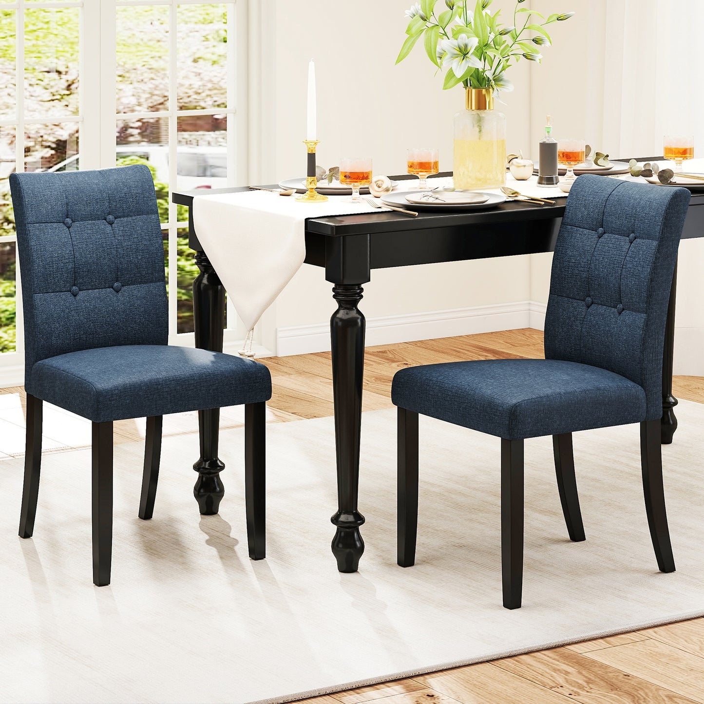 Upholstered Tufted Dining Chairs with High Back and Solid Wood Legs Set of 2